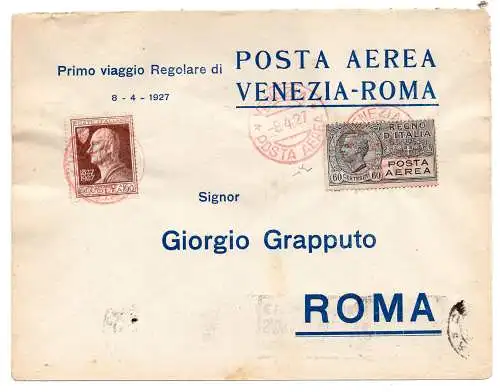 1927 Venedig/Rom vom 8.4.27 - Aerogramm mit Erstpostflug