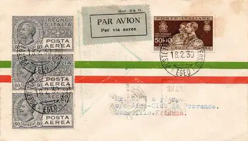 1930 Rom/Turin vom 12.3.30 - Airogramm mit Porto mit Cent. 80