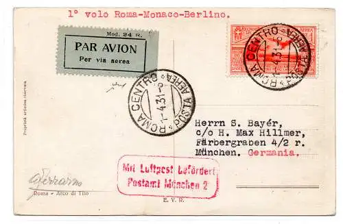 1931 Rom/München vom 1.4.31 - Luftkarte nach München