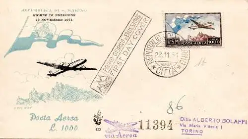 San Marino - Lire 1.000 Flugzeuge Flagge auf FDC Venedig