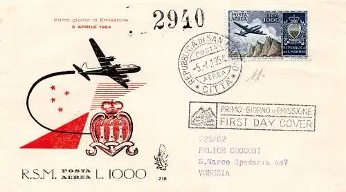 San Marino - Lire 1.000 Flugzeug II auf FDC Venedig