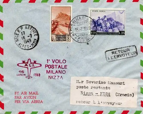 A.L.I. I. Flug (San Marino) Mailand/Nizza vom 16.7.49 - Aerogramm