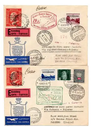 3. Sicilia Air Tour vom 9.6.51 (Liechtenstein) - Zwei Airgramme