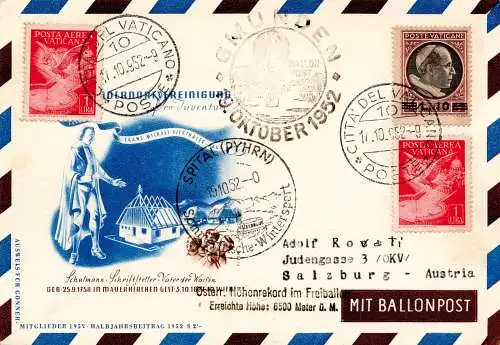 Ballonpost vom 19.10.52 – die Sonderkarte aus dem Vatikan