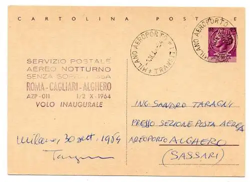 Alitalia Rom/Alghero vom 1.10.64 - Postkarte Lire 25