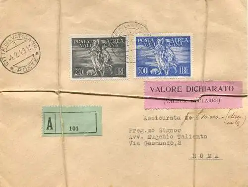 Post Aerea Tobia Serie auf versichertem Umschlag für Rom Deklarierter Wert