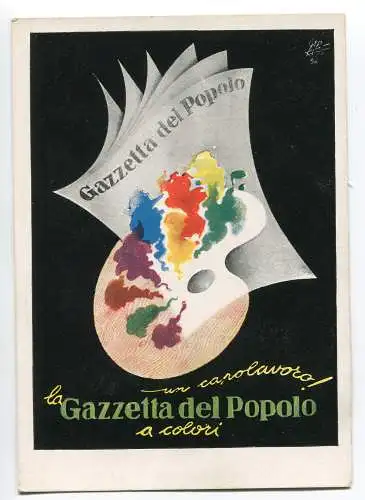 Farbige Werbekarte der Zeitung La Gazzetta del Popolo Zeichner Garretto Paolo