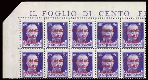 Milano - Cent. 50 Block von zehn Exemplaren a. f. mit komplettem Überdruckabziehbild und Druckfehlern
