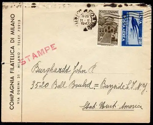 Mittelalter - Umschlag für die USA (Drucke) am 11.2.47 + Luftpost 2 Lire