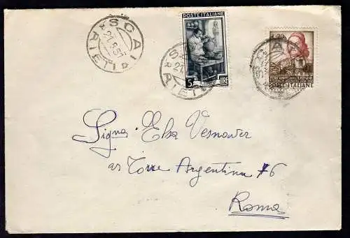 Perugino Lire 20 + Ergänzung auf Umschlag von Trevi nach Rom am 21.8.51