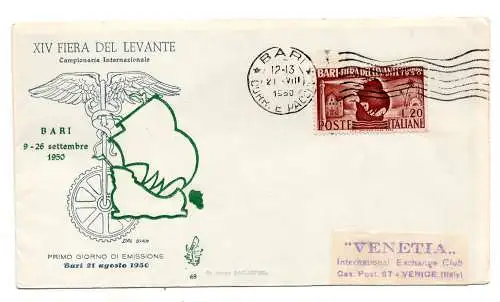 Italien 1950 Bari auf FDC Venedig Umschlag ungereist