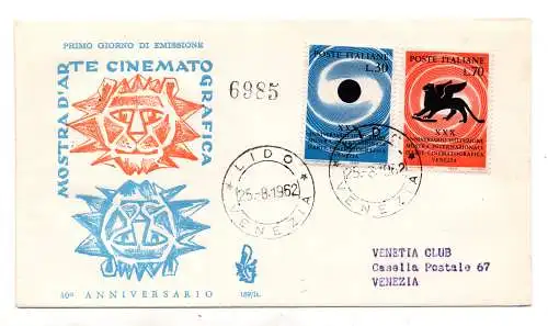 Italien 1962 30. Ann. Kino auf FDC Venetia Racc zeigen. mit Stornierung der Ankunft