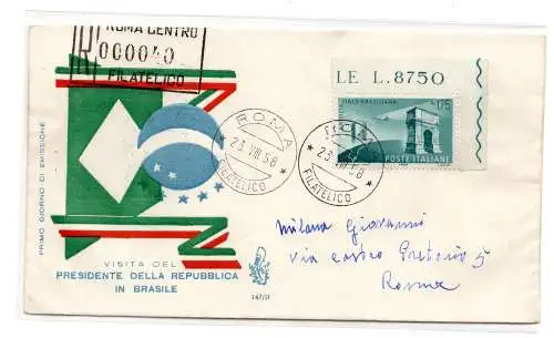 Italien FDC Venedig 1958 Amicizia Italo Brasiliana a. di f. reiste Racc nach Italien