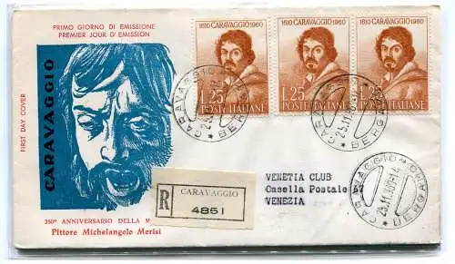 Italien FDC Venetia 1960 Caravaggio Paar + Einzelreise Racc. für Italien