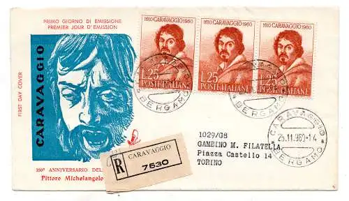 Italien FDC Venetia 1960 Caravaggio Dreierstreifen gereist Racc. für Italien