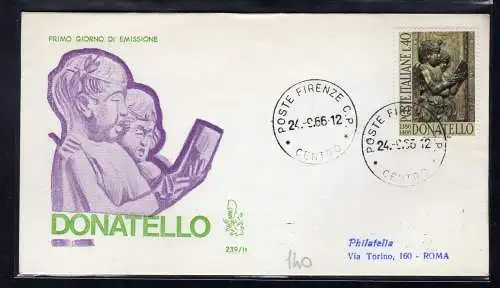 Italien FDC Venetia 1966 Donatello Isoliert reiste nach Italien 713