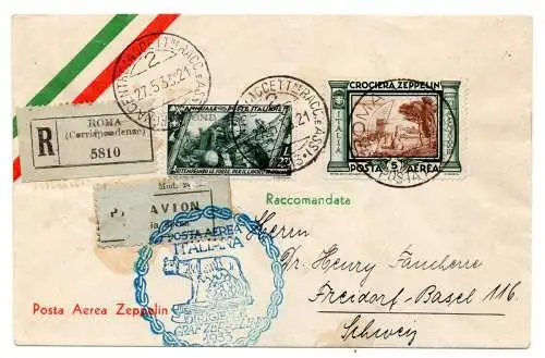 1933 Luftpost Kreuzfahrt Zeppelin Lire 5 auf Umschlag von Rom nach Basel