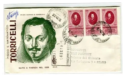 Italien FDC Venedig 1958 Torricelli Streifen von drei gereisten Racc. für Italien