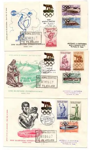 Olympische Spiele in Rom auf drei FDC-Umschlägen (Filagrano-Ausgabe)