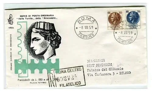 Italia FDC Venedig 1959 Syrakus Lit. 100 und 200 gereist Racc. für Italien