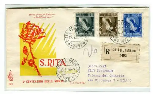 Vatikan FDC Venedig 1956 Santa Rita mit gereister Sorte Racc. für Italien