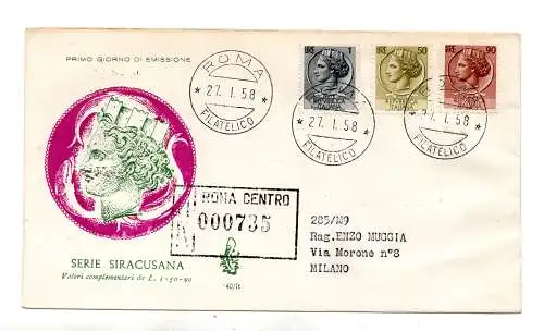 Italia FDC Venedig 1958 Syrakus Lit. 1, 50 und 90 gereiste Racc. für Italien