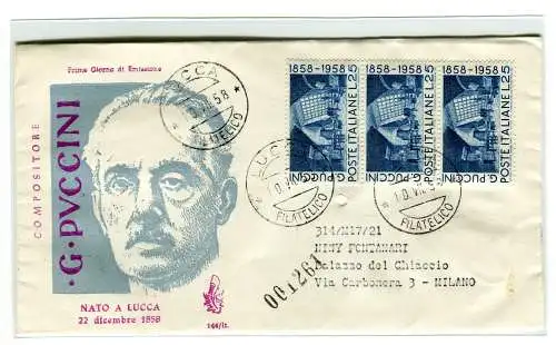 Italien FDC Venedig 1958 Puccini Streifen von drei gereisten Racc. für Italien