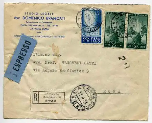 Milano '51 Lire 55 auf Umschlag exp. von Catania nach Rom