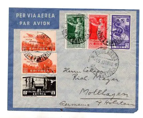 Eritrea - Cent Air Post. 60+ Briefmarken von A.O.I. auf Umschlag