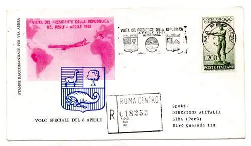 Reise Gronchi Peru-Aerogramm 6.4.61 racc.Lima affr. Lire200Olympische Spiele