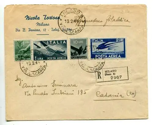 Luftpost Lire 1 + Ergänzungen auf Umschlag Racc. von Mailand nach Catania