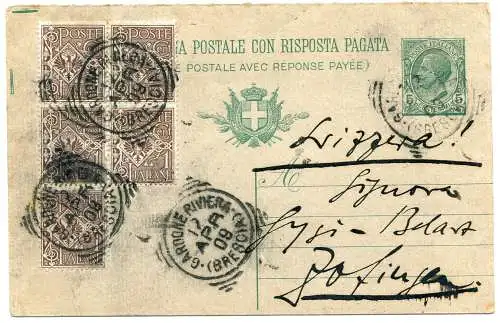 Floreale Cent. 1 Fünferblock auf Postkarte Cent. 5 Löwen