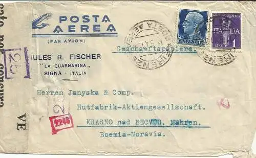 Luftpost Lire 1 + Ergänzung auf Luftumschlag aus Florenz