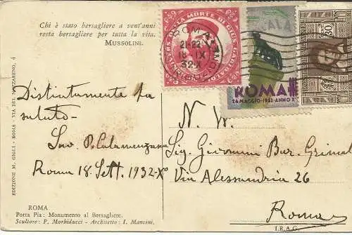 Garibaldi - Gedenk-Erinnofilo (rot) auf Postkarte nach Rom gereist