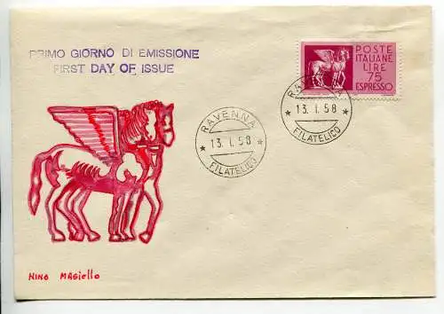 1958 - Lire 75 Espresso auf FDC abgebildet