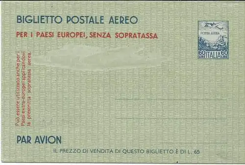 Aerogramma Lire 60 Aereo e Alpi Nr. A 1