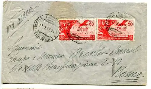 Luftpost Orazio Cent.60 Nr.97 zwei Exemplare Luftumschlag von Genua nach Rom