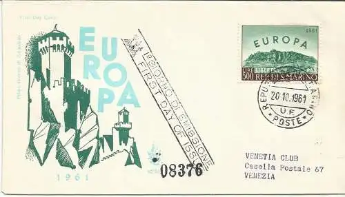 San Marino - Europa '61 auf Umschlag FDC Venetia Club Venezia