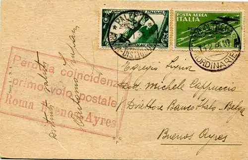 Luftpost Rom Buenos Aires 3 Lire auf Postkarte