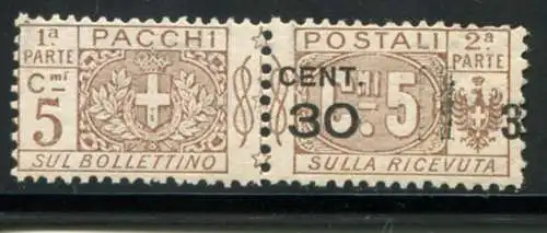 Postpakete Cent. 30 von 5 mit beiden Aufdrucken (invertiert)