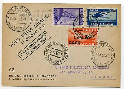 Versuchsflug Biella/Mailand vom 12.10.47 - Postkarte nach Mailand