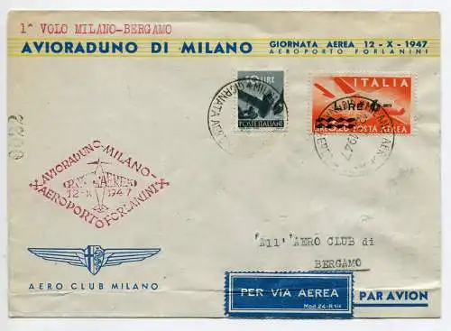 1947 Mailand/Bergamo - Aerogramm des Fluges mit Rennflugzeug