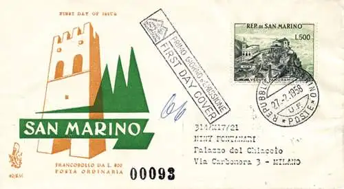 San Marino - Panoramablick 500 Lire auf Umschlag Venetia Racc.