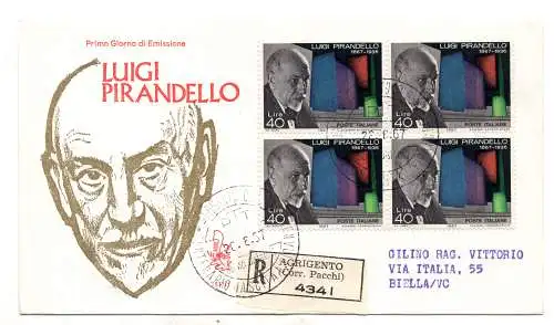 Italien FDC Venetia 1967 Pirandello Viertelreise Racc. für Italien