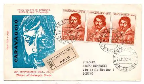 Italien FDC Venetia 1960 Caravaggio Dreierstreifen gereist Racc. für Italien