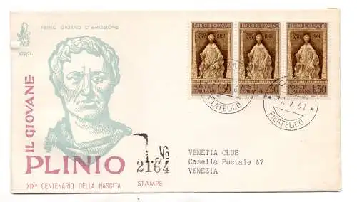 Italien FDC Venetia 1961 Plinio Dreierstreifen gereist Racc. für Italien