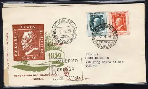 Italien FDC Venetia 1959 Hundertjahrfeier Sizilien gereist Racc. für Italien