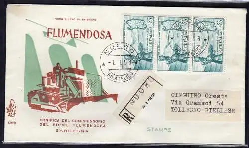 Italien FDC Venetia 1958 Flumendosa Dreierstreifen gereist Racc. für Italien