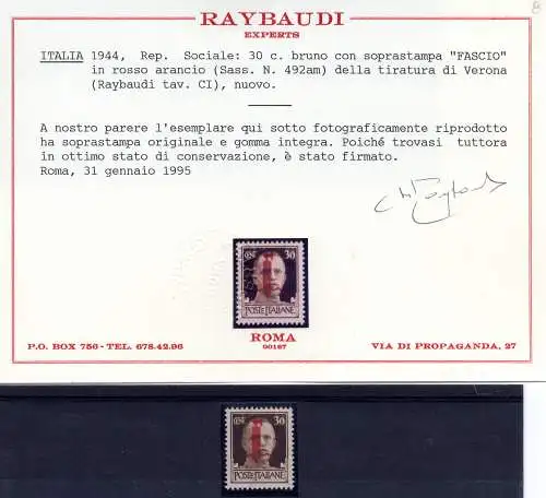 Centschelle. 30 rot orange aus Verona Ray zertifiziert. - MNH