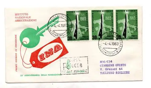 Italia FDC Venetia 1963 I.N.A. Streifen von drei gereist Racc. für Italien